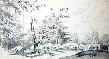 Baugelepoor（Bhagalpur）地区の丘の村の眺め1783（2枚の紙片に灰色のウォッシュとグラファイト）